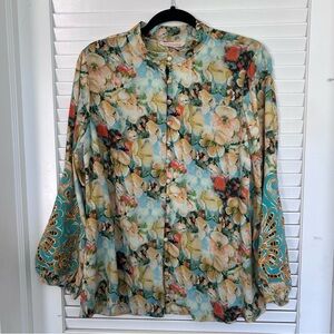 Soft Surroundings Boho Button Down Flowy Green Floral Blouse Top Shirt Sz Med